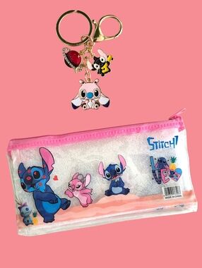 Disney Stitch Clear Pink Zip Pouch with Gold-tone Character Keychain